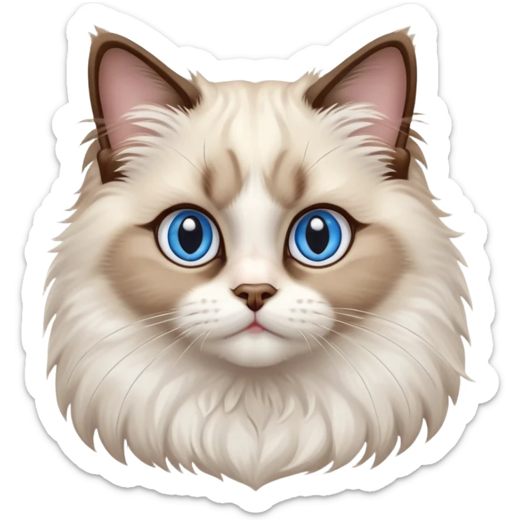 cinematic-adorable-big-eyed-fluffy-ragdoll-cat-portrait-emoji,-head-tilted-playfully-with-a-sweet-expression,-fluffy-white and brown-fur,-simplified-yet-irresistibly-cute-features-with-large,-expression, blue eyed ragdoll cat sticker