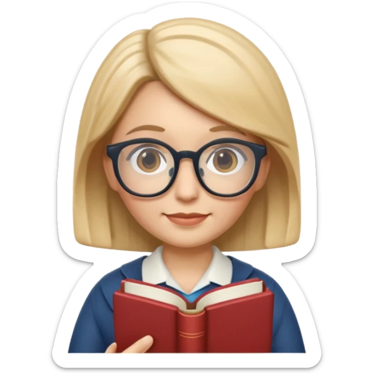Apple Memoji-style 3D emoji of a librarian wearing glasses holding a book, clean gradients, rounded shapes, no background. sticker