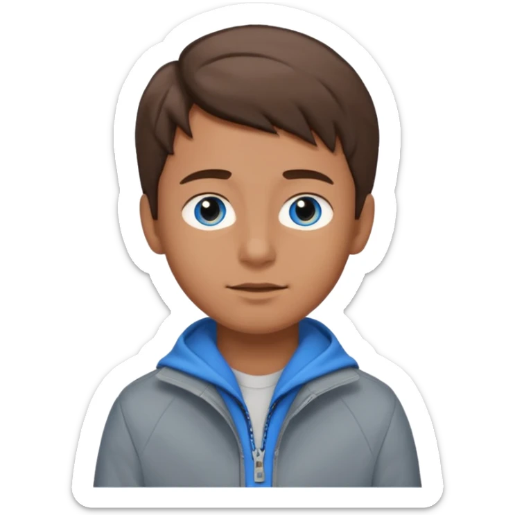 Fais-moi un garçon avec la peau bronzée les yeux bleus qui portent une veste grise avec les cheveux marrons version emoji sticker