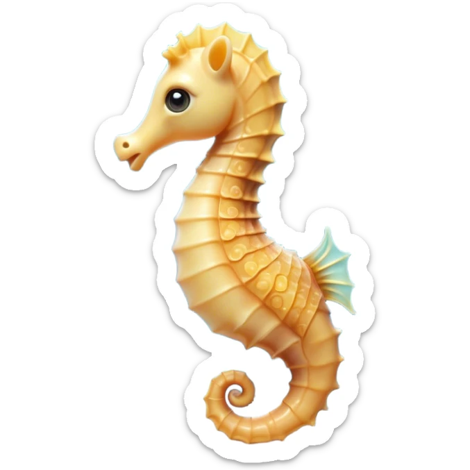 Cinematic Cute Sea Horse Portrait Emoji, Head tilted playfully and inquisitively, featuring a charming, slender form with a delicately curved body and a whimsical, curled tail, accented by round, sparkling eyes full of gentle wonder, Simplified yet irresistibly adorable features, highly detailed, glowing with a warm, inviting aquatic glow, high shine, affectionate and lively, stylized with a touch of enchanting marine charm, soft glowing outline, capturing the essence of a mischievous yet loving sea horse that seems as if it could float out of the screen into your arms! sticker