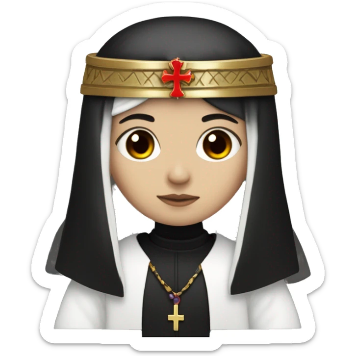 white emo girl with black hair, red eyes, dressed as an Anglican priest with flowing robes, wearing a pharaoh headdress in black and red sticker