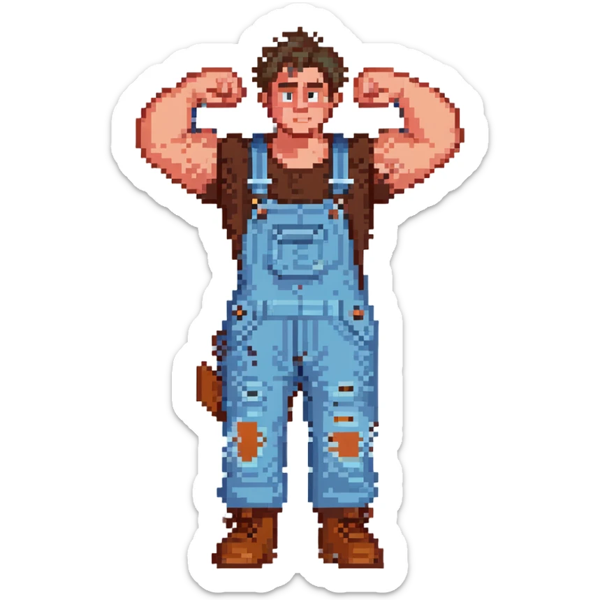 Wreck-It Ralph man with short messy hair, brown overalls, boxy figure with big arms sticker