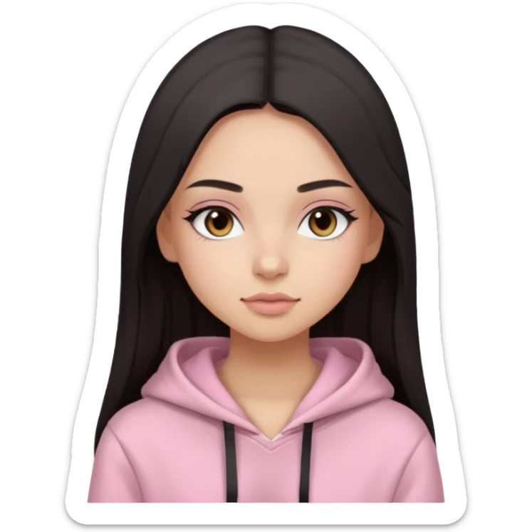 A pretty girl with light skin and long straight black brown hair, wearing a very light pink basic hoodie with brown eyes and makeup sticker