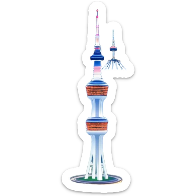 Cinematic Realistic N Seoul Tower Landmark Emoji, featuring the iconic tower perched atop Namsan Mountain, glowing against the night sky with panoramic city lights stretching beyond. sticker