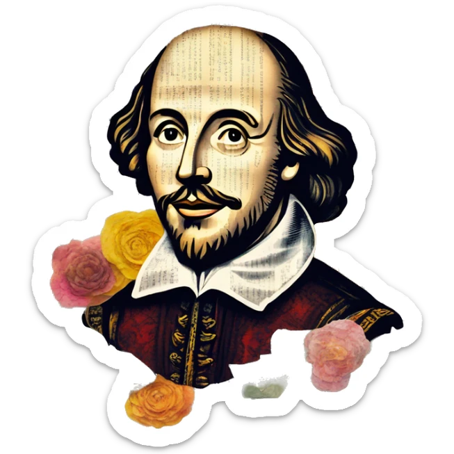 Shakespeare made of newspaper cuttings wearing flowers, stained glass, fairy lights, bokeh, annotated sketch, handwritten letters, collage of intricate patterns, lantern, bokeh, blur sticker