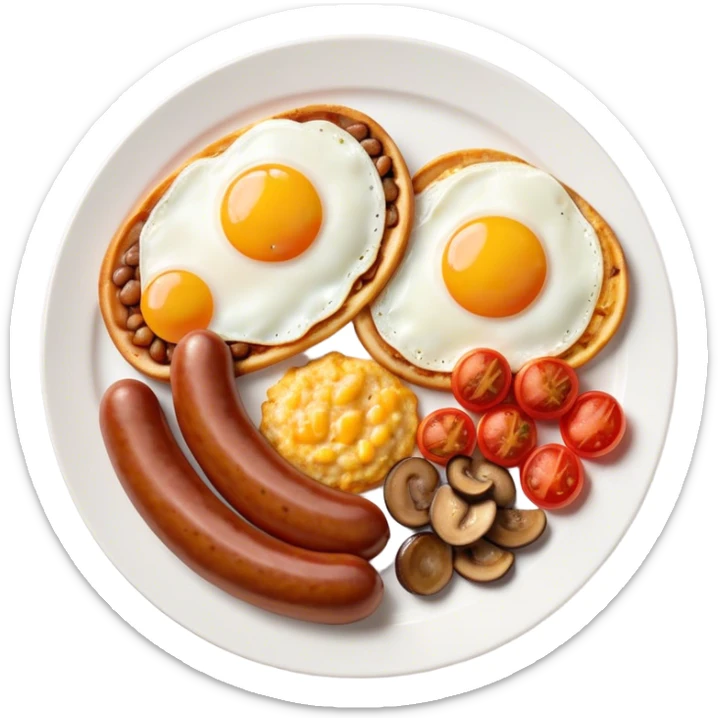 English Breakfast Cinematic Realistic English Breakfast Dish Emoji, depicted as a hearty plate featuring 2 sizzling sausages, a central serving of baked beans, 2 perfectly fried eggs, 2 sliced grilled tomatoes, 2 grilled mushrooms, and a triangle-shaped hash brown, rendered with vivid textures and warm, inviting lighting. sticker