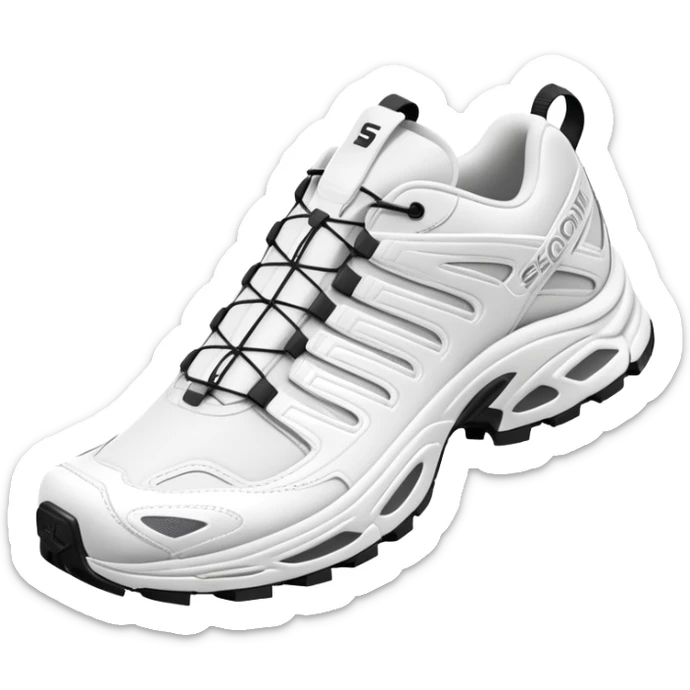 Totally white Salomon XT-6 sneakers with absolutely no color accents, clean white monochrome design, one shoe behind the other, simplified iOS emoji style sticker