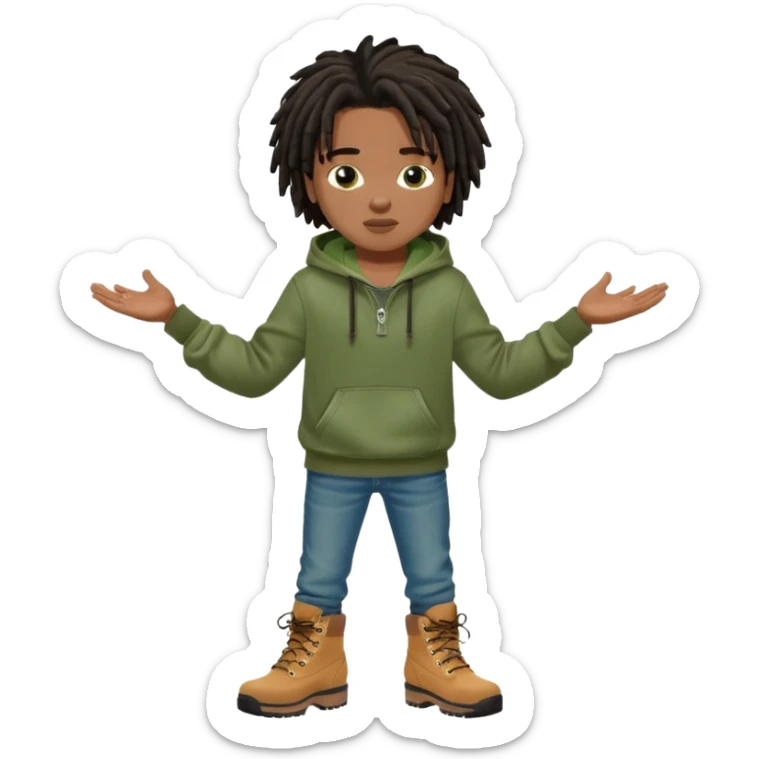 African American boy with short black dreadlocks wearing a green Nike hoodie wearing denim skinny jeans and timberland boots with his hands out sticker