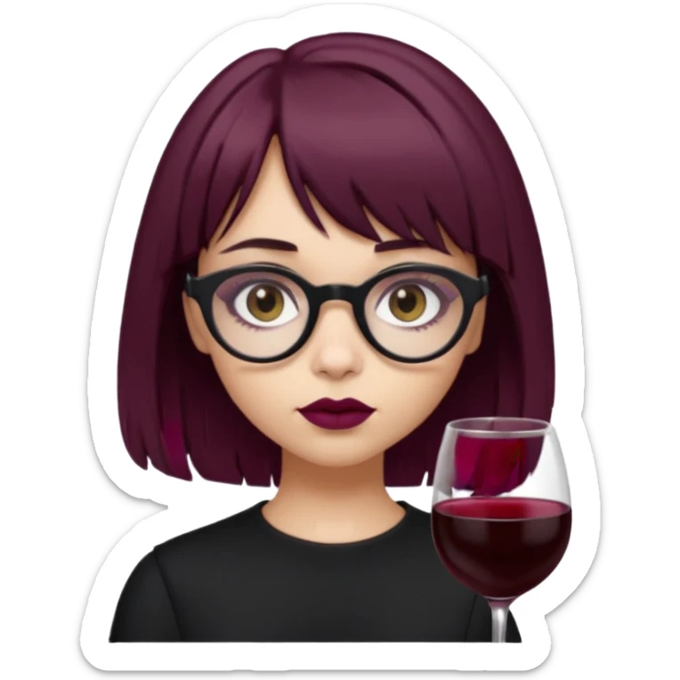 Emoji girl that has mid length brown shaggy cut hair with baby bangs, has hazel eyes and wears half transparent glasses, she is goth and wears wine colored lipstick sticker