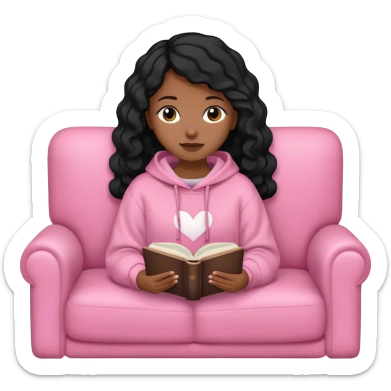 Una chica linda de cabello negro con ondas hasta los hombros de piel blanca con una sudadera rosa en un sofá cómodo y hermoso leyendo la biblia sticker