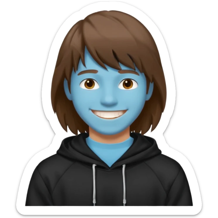 20 yr old man, brown hair, straight, big smile, white teeth, tanned skin, bangs, black hooded sweatshirt, long hair in back, center-parted bangs sticker