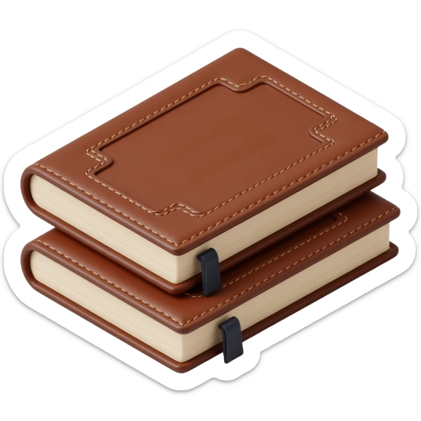 leather-textured notebook icon in skeuomorphism style with stitching details and realistic shading, brown leather cover sticker