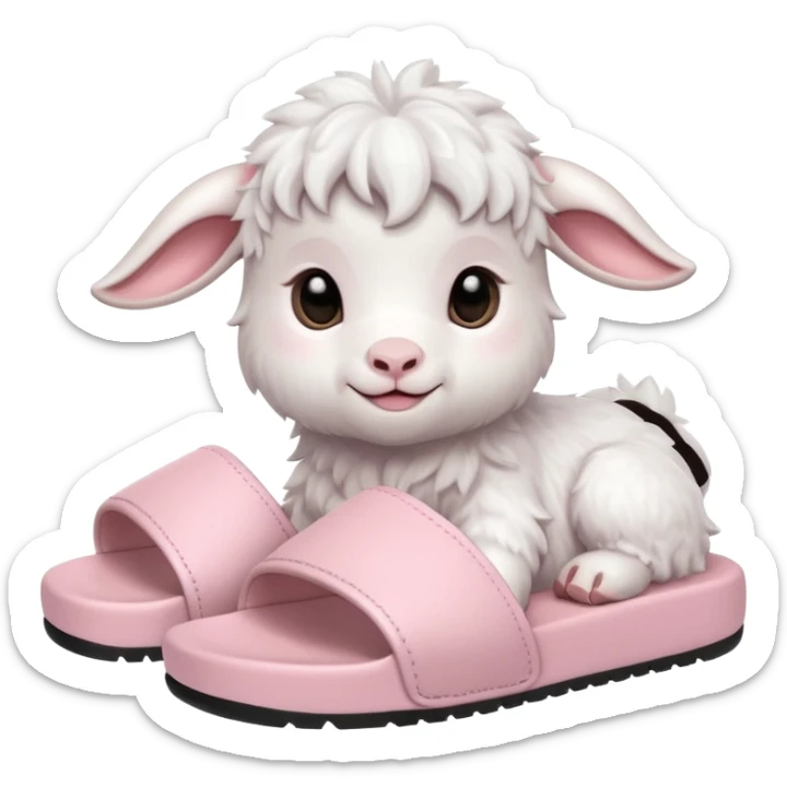 an all white lofi baby goat emoji wearing monochromatic pastel pink chunky slides sticker