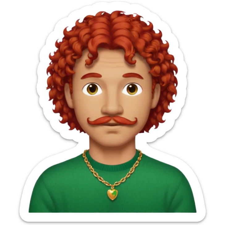 attractive man with red curly hair, curly mullet, and mustache, wearing a green sweater and a red necklace sticker