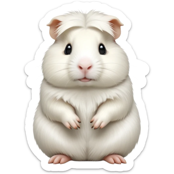 cinematic-[white guinea pig]-realistic-full-body-sitting-emoji,-tiny-paws-tucked-close,-head-tilted-dramatically,-fluffy-[solid white]-fur,-simplified-yet-realistic-focused-features,-highly-detailed,-glowing-with-an-almost-sarcastic-glow sticker