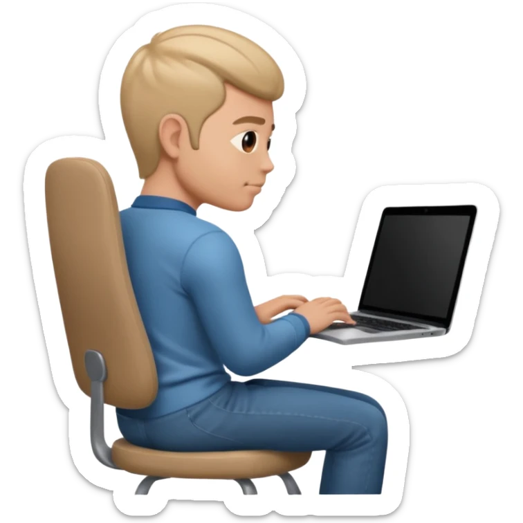 Memoji sitting on a chair from behind (pnly hair and back of the chair shown) focusing on laptop  sticker