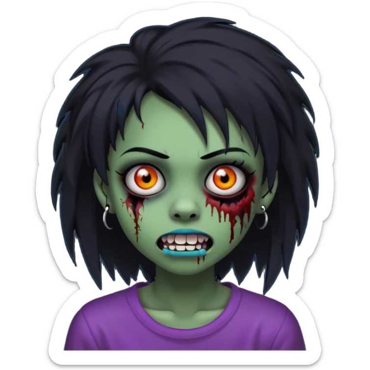 girl, zombie, black coily hair, medium long, emo, shaggy, dark, spooky, piercing on eyebrow, colourful teeth, creepy blank expression sticker