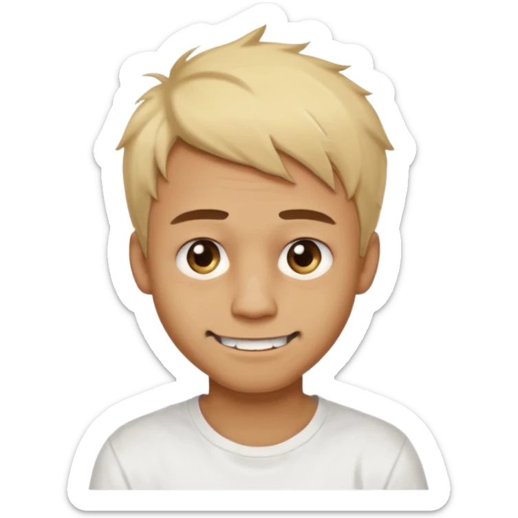 Male with short, messy blonde hair, large expressive golden-brown eyes, brown skin, scar over nose, crooked smile showing slightly damaged teeth, wearing a plain white t-shirt. sticker