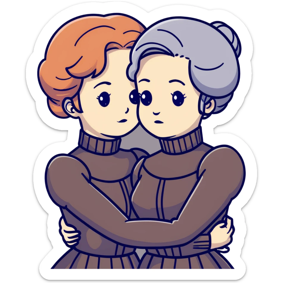 Two Victorian women in a sad intimate hug, one with white coiffed hair and one with copper coiffed hair, both with grey eyes, wearing Victorian turtleneck dresses sticker