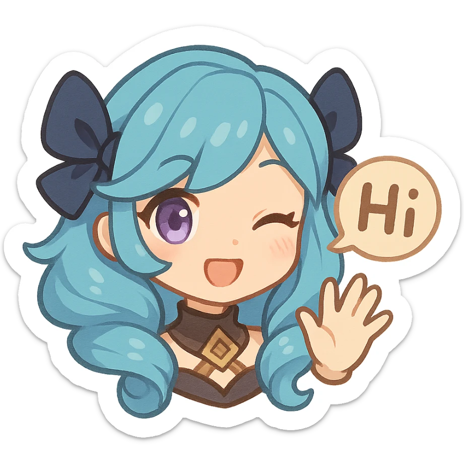 Gwen from League of Legends, chibi style, only head, hi emote, right eye purple, sample 1 sticker