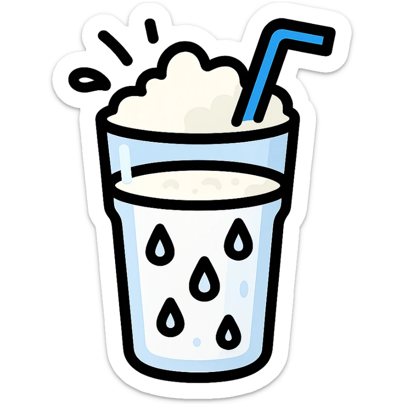 detailed icon of Ayran drink, glass with white frothy liquid, condensation droplets, blue straw, splash effect, realistic highlights and shadows, color outline style sticker