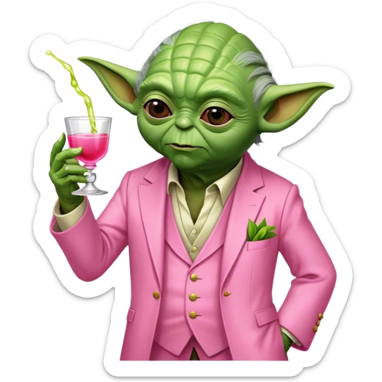 Master Yoda in all pink suit, with one hand holding pink tequila shot with lime sticker