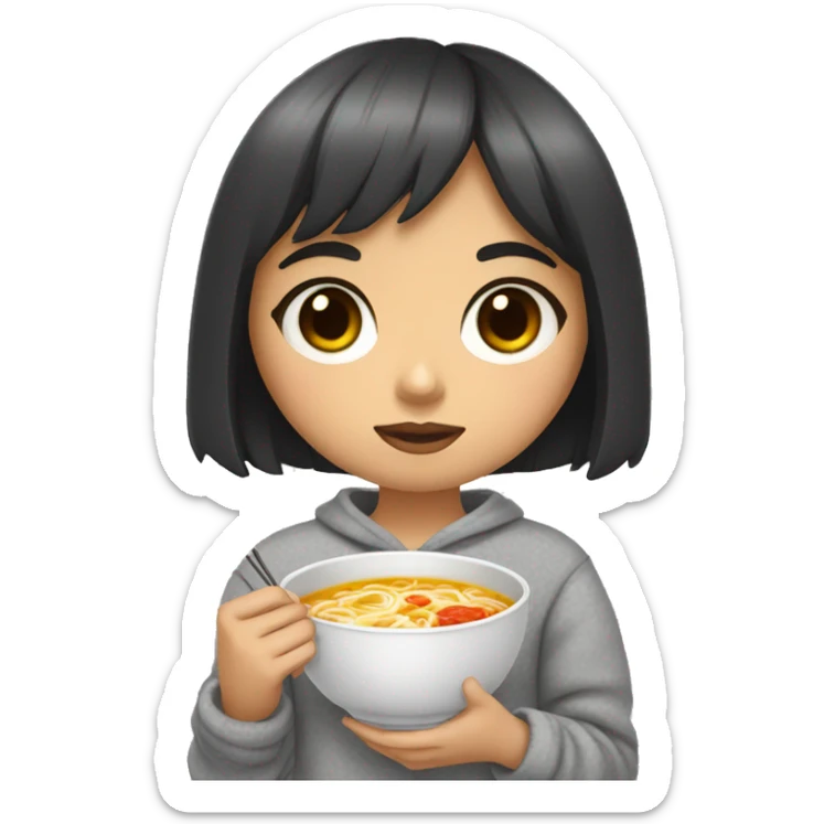 A girl with bangs covering one eye, black hair and big eyes wearing a gray pajama sweater and holding a ramen in her hand. sticker