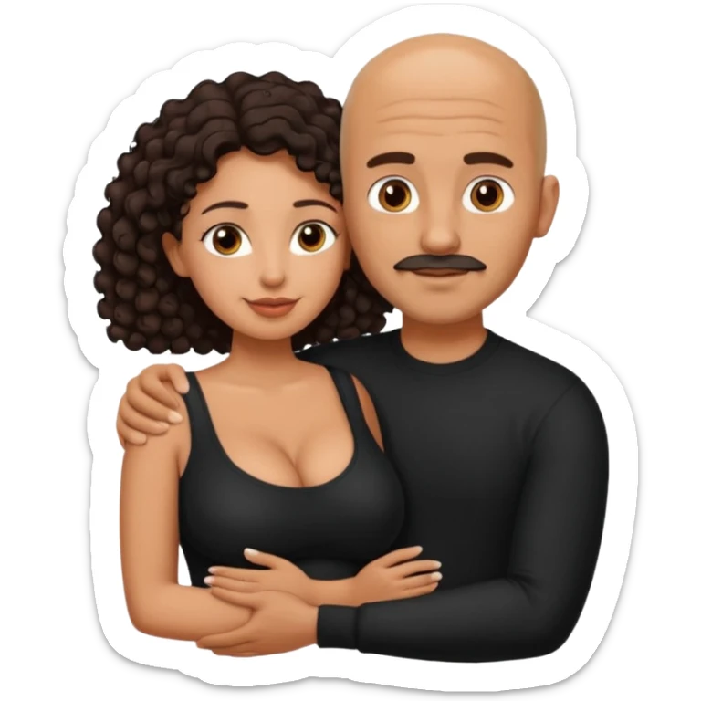 A picture of an embracing tanned couple. the man is a Mexican man with tanned skin, NO GLASSES, with a bald hair cut, short beard and wearing a black shirt. the woman is short with long curly dark brown hair and with big boobs sticker