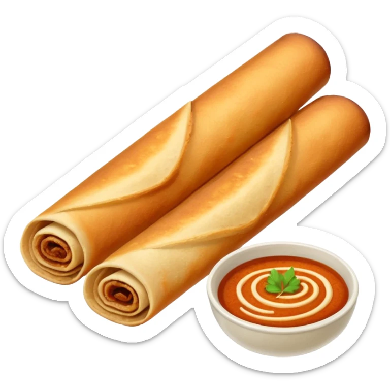 a dosa, the South Indian crepe, rolled and golden brown, with a small bowl of chutney on the side, simple and clear, no text sticker