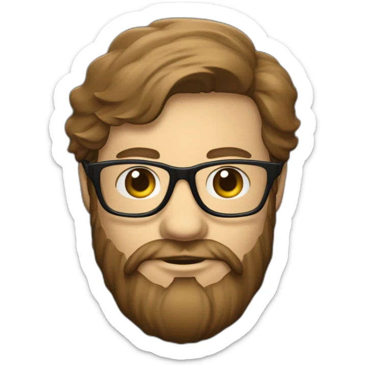 Un visage d’un homme blanc, cheveux couleur châtain avec une barbe couleur châtain bien taillée des lunettes de vue, coiffé en arrière et un casque audio  sticker