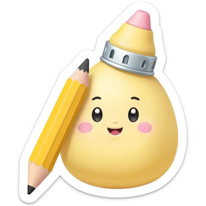 Cute Kawaii Fat Pencil, round and chunky, soft pastel yellow with a cute eraser cap, tiny winking face, glowing highlights, cheerful and ready for doodles! sticker