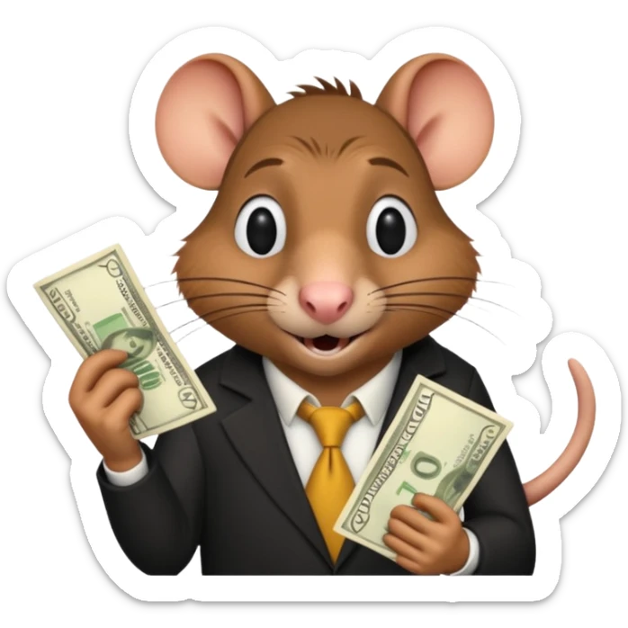 roddy the rat from the movie Flushed Away, holding cash sticker