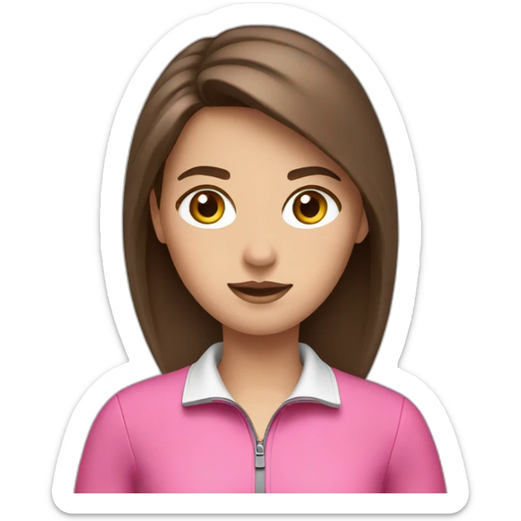 A girl with brown eyes and brown hair in a black golf and a pink jacket sticker