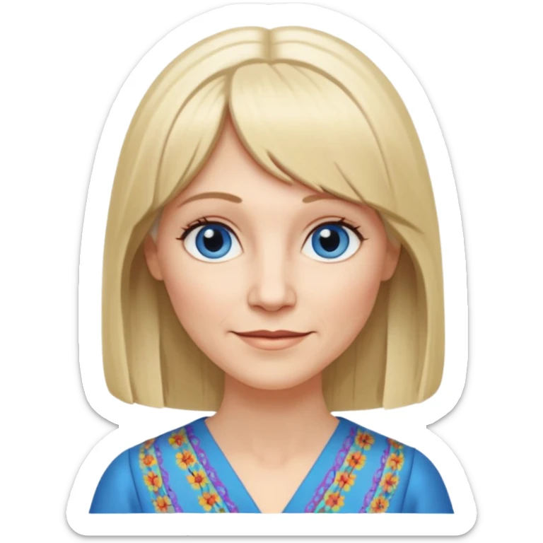 50 yr old white woman, hippie parted very long hair, short bangs, very long straight blond hair, oval face, small smile, blue eyes, thin face, hair downback, hair parted at center of head, round cheeks, pale, longer hair, business dress sticker
