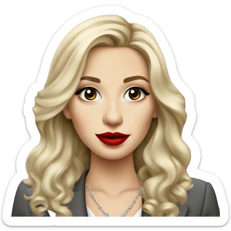 Russian Blonde long hair with big red lips small nose and black eyes Tiffany diamond seller in a grey suit sticker