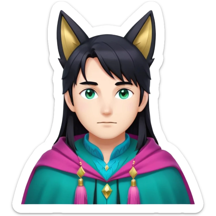 anime man with long-straight-dark-black hair, long black fox ears with pink Scapha, colorful-gradient-brown-turquoise eyes, gold earring, dark-blue-sweater, green cape behind, white pupils, turquoise tassel sticker