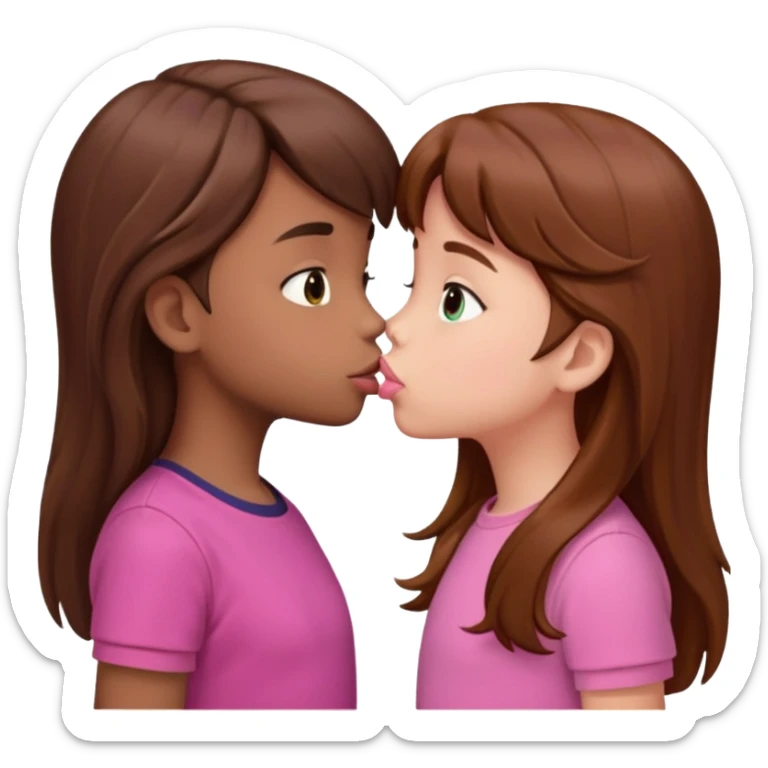 two 5 year old gals about to kiss on the lips, lips extremely close but not touching, pink shirts, long brown hair sticker