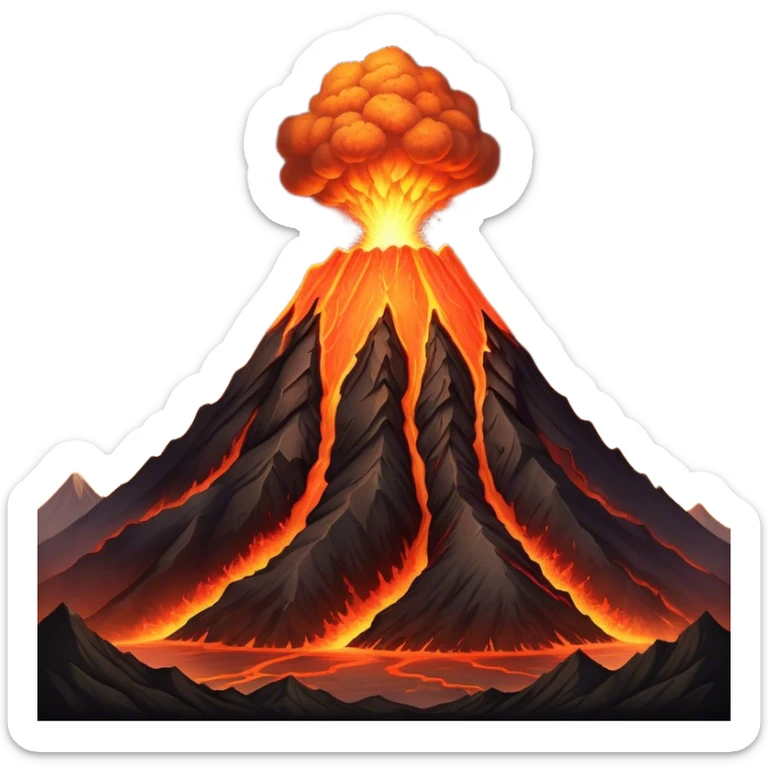 Cinematic Realistic Volcano Emoji, Powerful and awe-inspiring, with molten lava flowing from its jagged, smoking peak, casting an orange glow in the surrounding darkness. The landscape around it is barren and rocky, with clouds of ash rising into the sky. Soft glowing outline, capturing the essence of raw power and fiery energy in a towering volcano. sticker