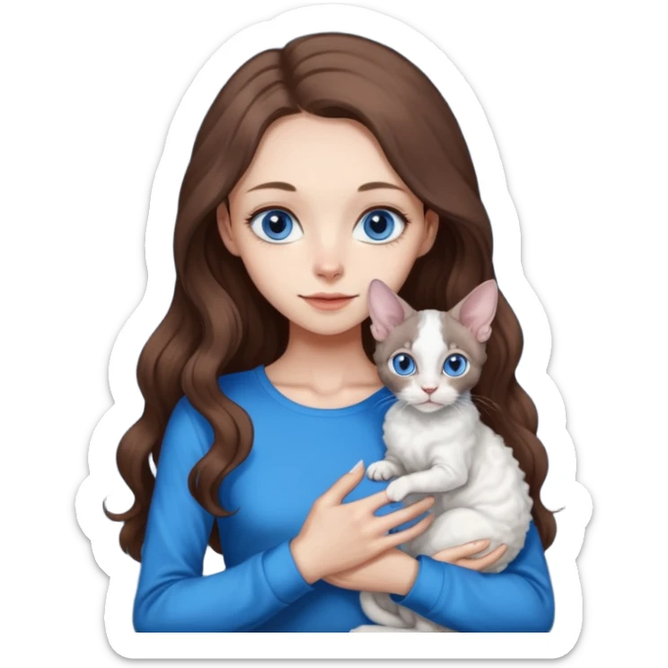 beautiful skinny girl with long brown hair and blue eyes in dark long sleeve is holding a devon rex white cat with blue eyes. the colors of cat’s and girl’s eyes are the same.  sticker