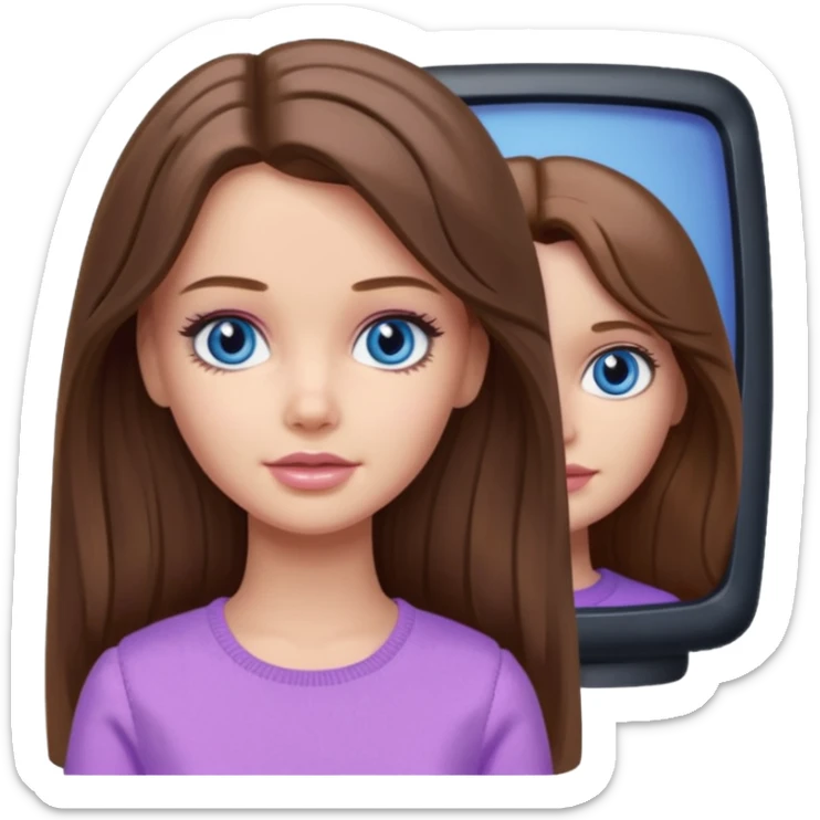 beautiful barbie girl with long brown hair, blue eyes and wearing light purple clothes watching stranger things on tv sticker
