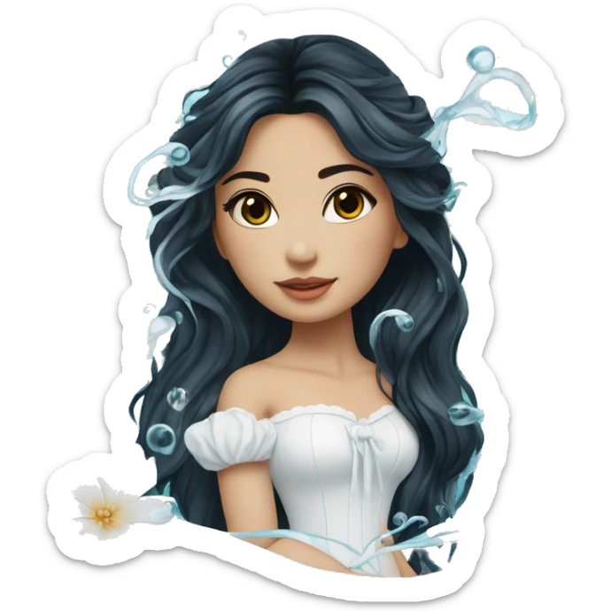 Pretty young Lady doll posing posed pose with long black hair flowers in hair white dress surrounded by flowing water water swirls waves sticker