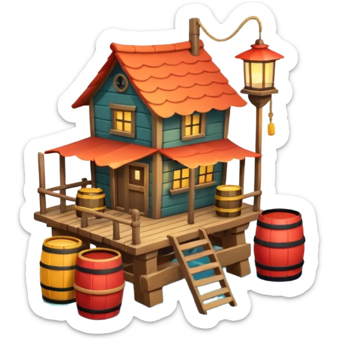 
fisherman house on a wooden pier, small dock, fishing nets hanging, barrels, lantern, ocean vibe, 3D cartoon, cute mobile game icon, clean background, no text
 sticker