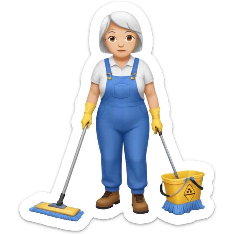 old and fat women, Custodian with yellow rubber gloves, white T-shirt, blue overalls, mopping floor sticker