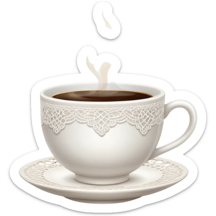 A cup of hot coffee with light steam, in a delicate porcelain cup with lace doily underneath sticker