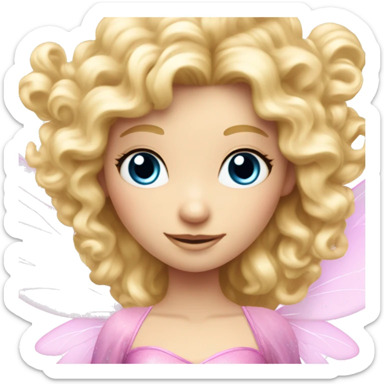 Fairy, a blonde hair with blue eyes and a pink dress with sparkly wings. White wings. The fairy has long and curly hair with a lot of volume sticker