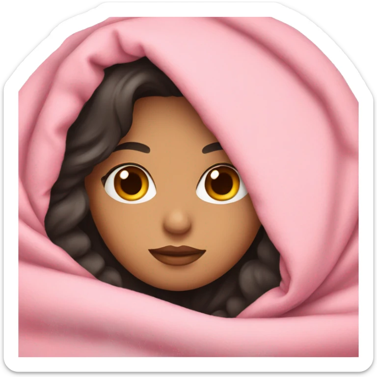 Woman with dark hair and blue eyes snuggled in a pink blanket sticker