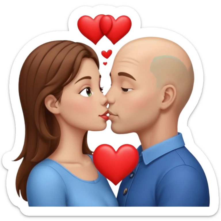 Loving couple kissing, Love, hearts. Woman brown hair, man is bald sticker