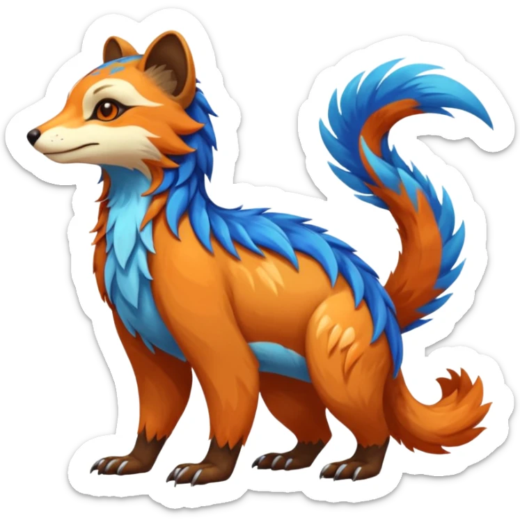 Colorful brown with blue and orange tropical exotic shiny beautiful fantasy-Vernid-Cacomistle-oncilla-animal-Fakémon-hybrid-fursona (full body) sticker