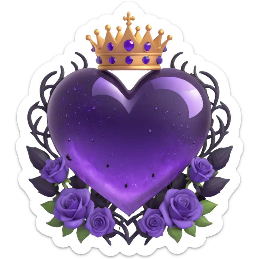 gothic heart made of purple glass with a crescent moon below the heart, black roses forming a crown, twinkling stardust, split lightning, scattered raindrops, splintered cracked glass texture sticker