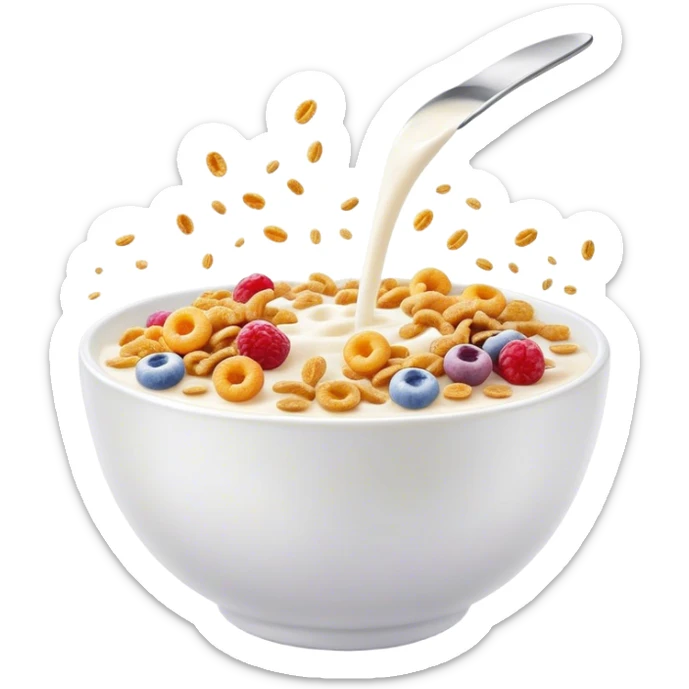 Cinematic crunchy cereal, vibrant and colorful, splashing into a bowl of cold milk, soft glowing background, dynamic movement, playful and inviting, nostalgic and fun. sticker